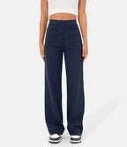 Women's High Waisted Button Detail Trousers – Stretch Elastic Waist Pants