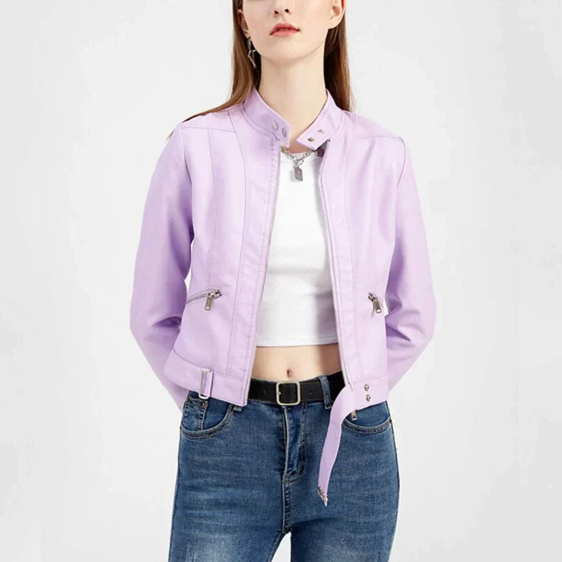 Women's Faux Leather Moto Jacket – Retro Zip-Up Biker Jacket