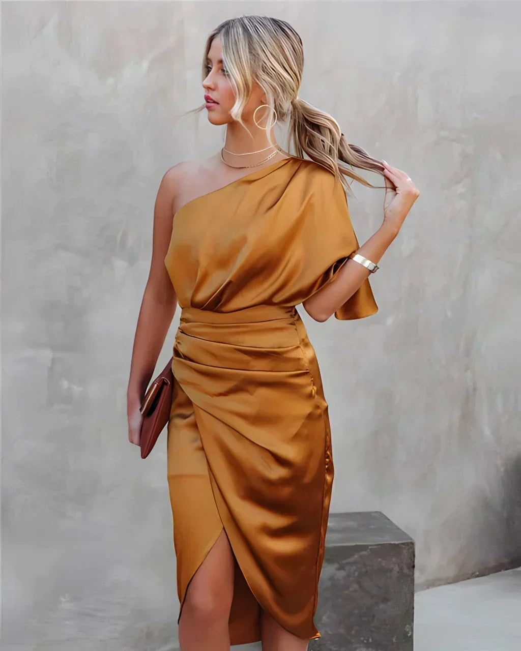 Women's One Shoulder Formal Dress – Pleated High Slit Evening Dress