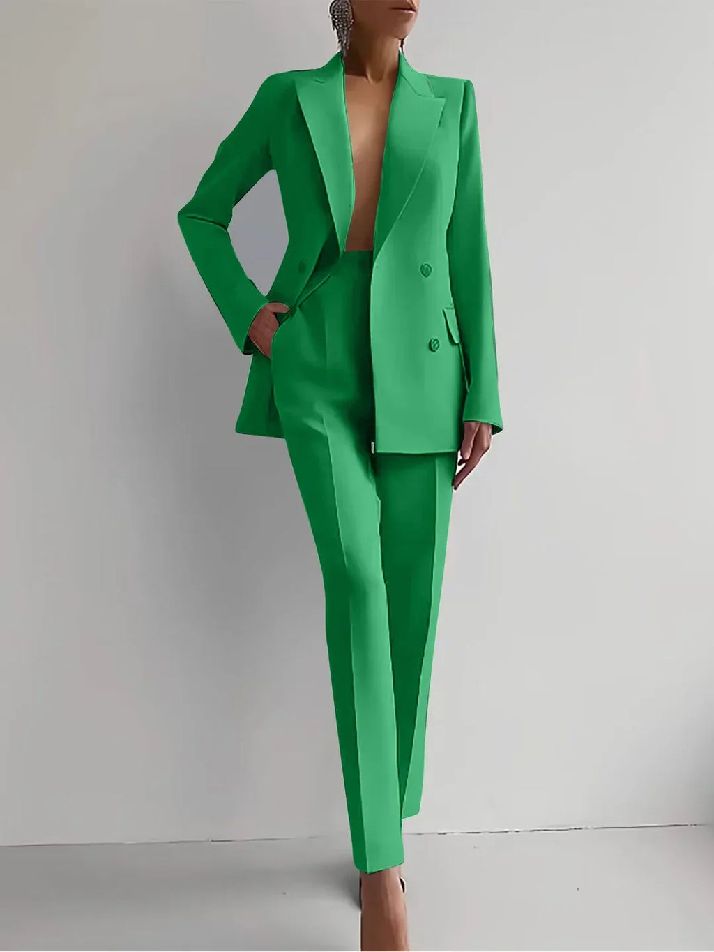 Women's Double Button Office Blazer Set – Tailored Blazer and Pants Set