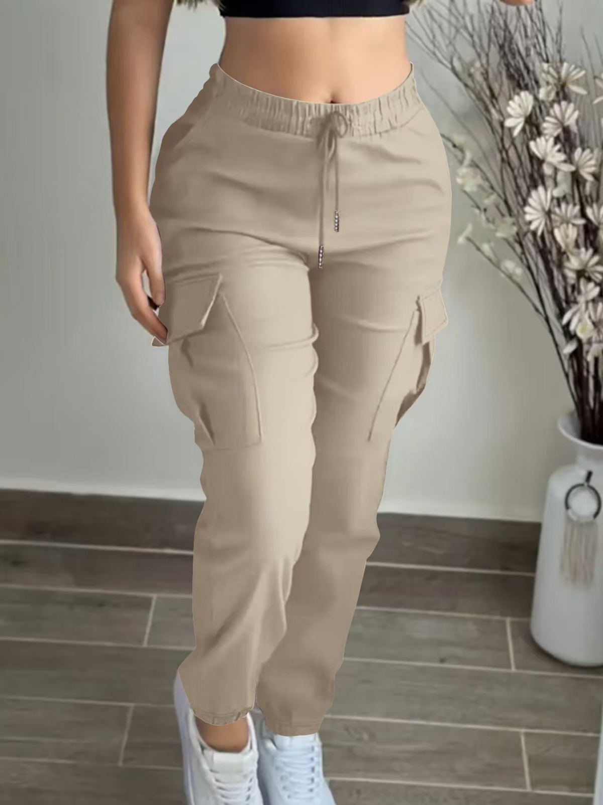 Women's High Waisted Tapered Cargo Pants – Casual Side Pocket Trousers