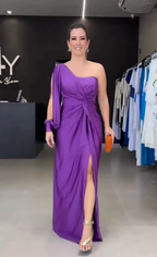 Women's One Shoulder Bow Maxi Dress – Side Slit Formal Evening Gown