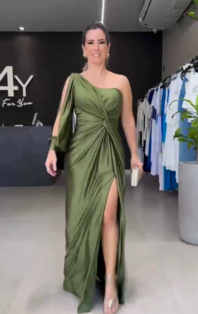 Women's One Shoulder Bow Maxi Dress – Side Slit Formal Evening Gown