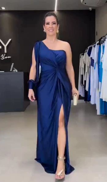 Women's One Shoulder Bow Maxi Dress – Side Slit Formal Evening Gown