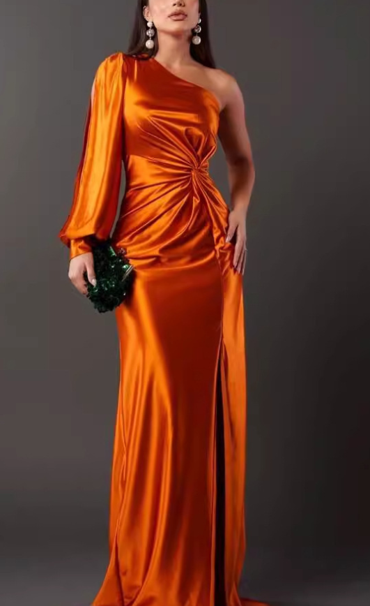 Women's One Shoulder Bow Maxi Dress – Side Slit Formal Evening Gown