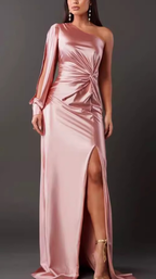 Women's One Shoulder Bow Maxi Dress – Side Slit Formal Evening Gown
