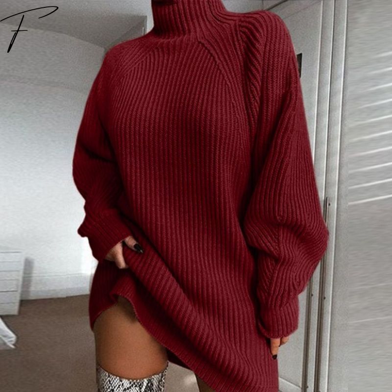 Women's Autumn Sweater Dress – Long Sleeve Polo Collar Knit Dress