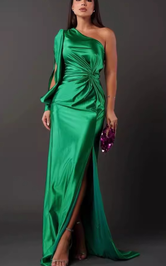 Women's One Shoulder Bow Maxi Dress – Side Slit Formal Evening Gown