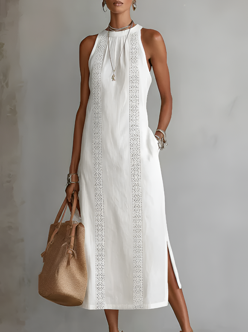 Women's Sleeveless High Neck Midi Dress – Flowy Pocket Occasion Dress