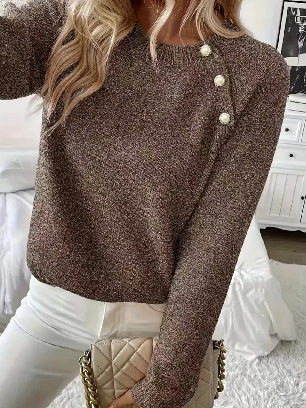 Women's Pearl Detail Sweater – Embellished Round Neck Knit Pullover