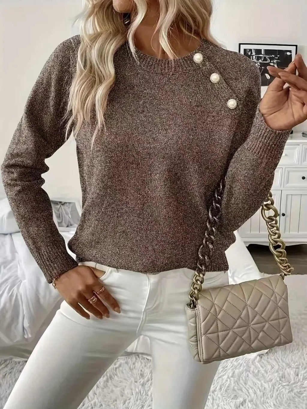 Women's Pearl Detail Sweater – Embellished Round Neck Knit Pullover