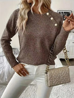 Women's Pearl Detail Sweater – Embellished Round Neck Knit Pullover
