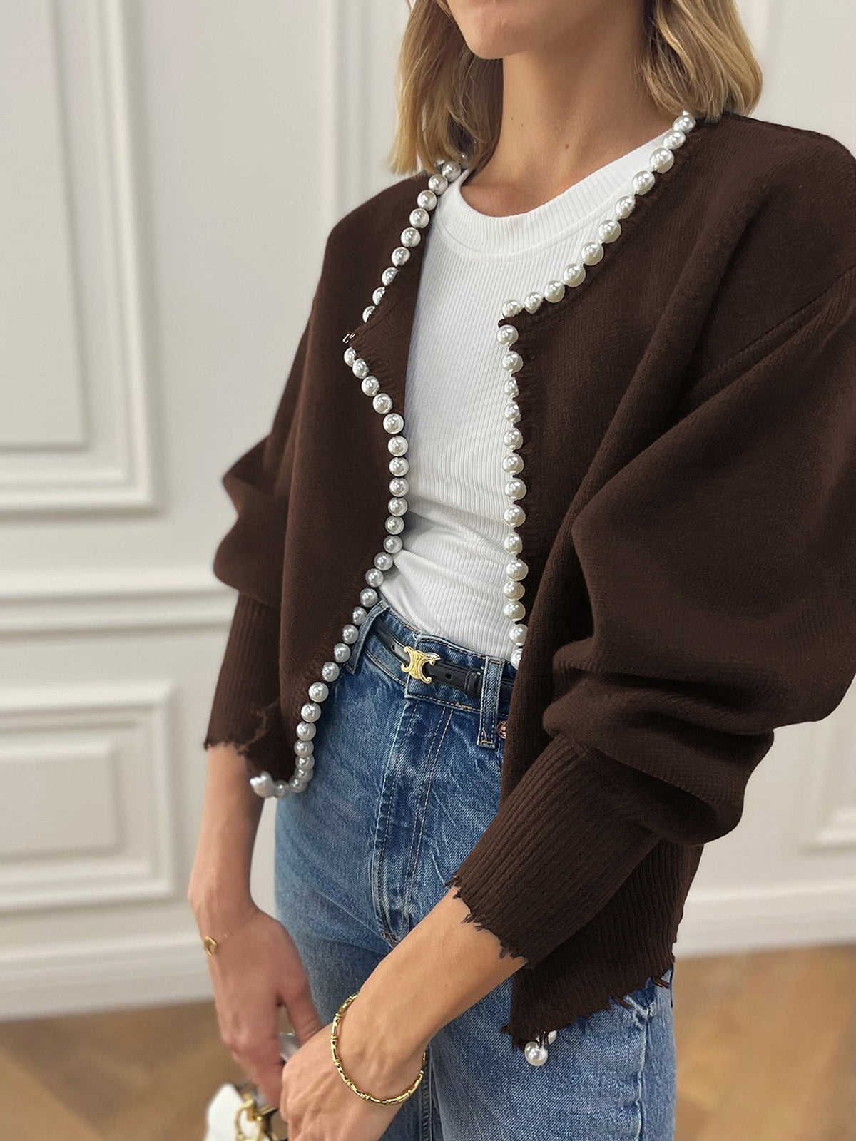 Women's Pearl Trim Cardigan – Distressed Hem Knit Cardigan