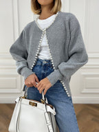 Women's Pearl Trim Cardigan – Distressed Hem Knit Cardigan
