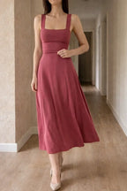 Women's Fitted Bodice A-Line Midi Dress – Square Neck Sleeveless Dress
