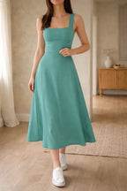 Women's Fitted Bodice A-Line Midi Dress – Square Neck Sleeveless Dress
