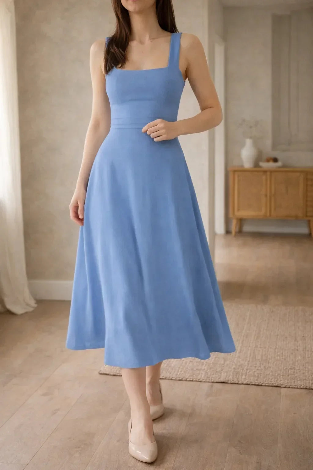Women's Fitted Bodice A-Line Midi Dress – Square Neck Sleeveless Dress
