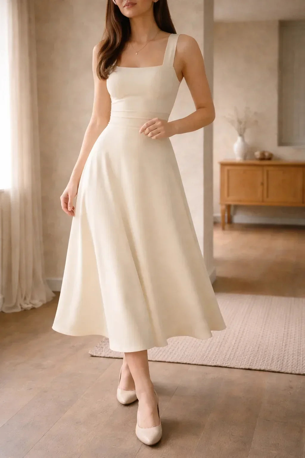Women's Fitted Bodice A-Line Midi Dress – Square Neck Sleeveless Dress