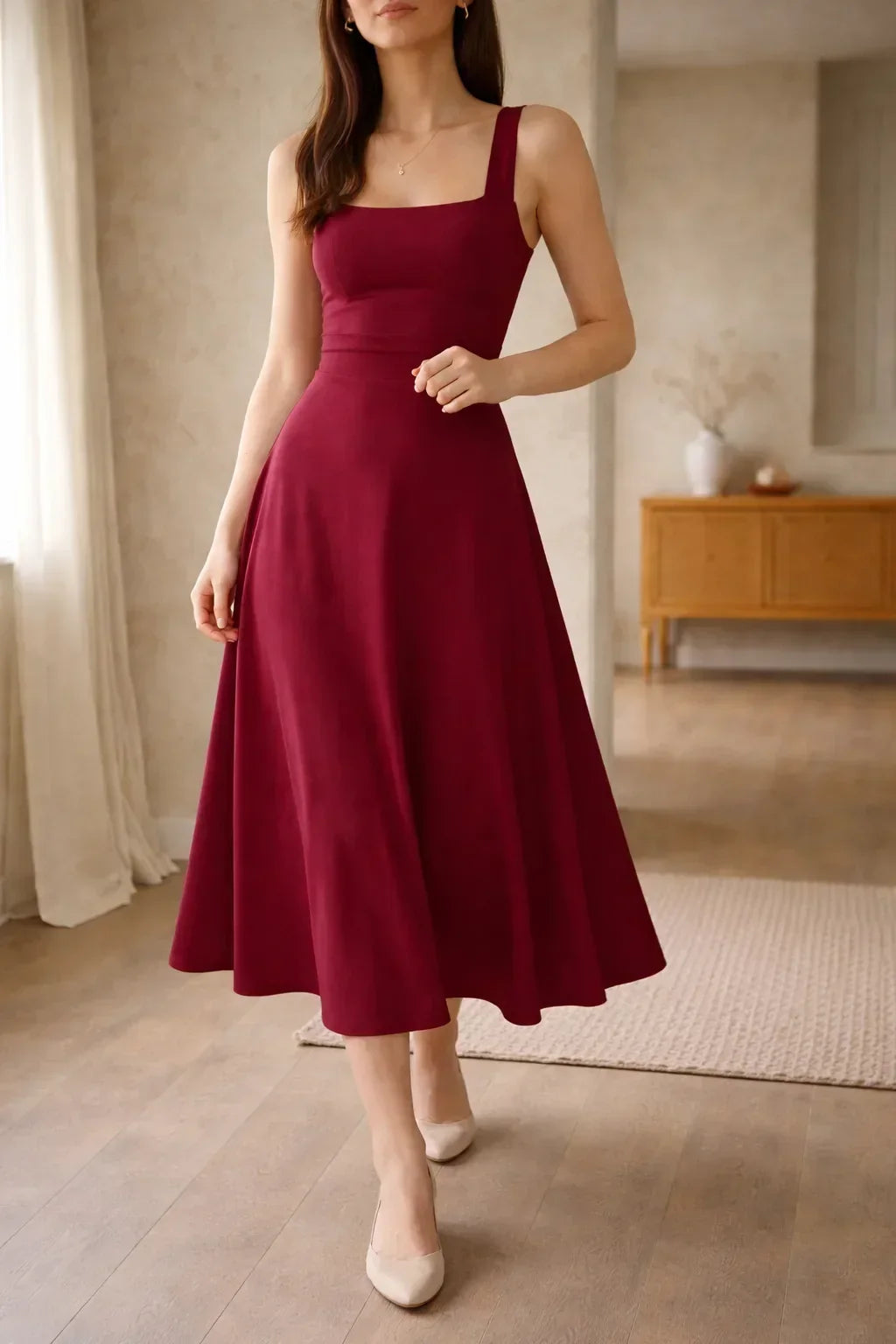 Women's Fitted Bodice A-Line Midi Dress – Square Neck Sleeveless Dress
