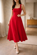 Women's Fitted Bodice A-Line Midi Dress – Square Neck Sleeveless Dress