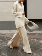 Women's Pleated Wide Leg Pants Set – Relaxed Blouse Casual Lounge Set
