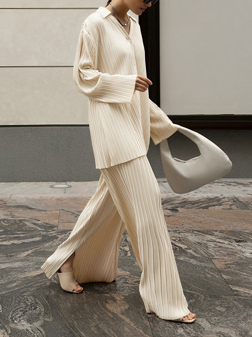 Women's Pleated Wide Leg Pants Set – Relaxed Blouse Casual Lounge Set