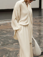 Women's Pleated Wide Leg Pants Set – Relaxed Blouse Casual Lounge Set