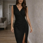 Women's Fitted V-Neck Wrap Midi Dress – Sleeveless Side Slit Dress