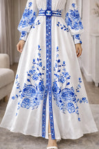 Women's Floral Bishop Sleeve Maxi Dress – Belted Flowy A-Line Dress