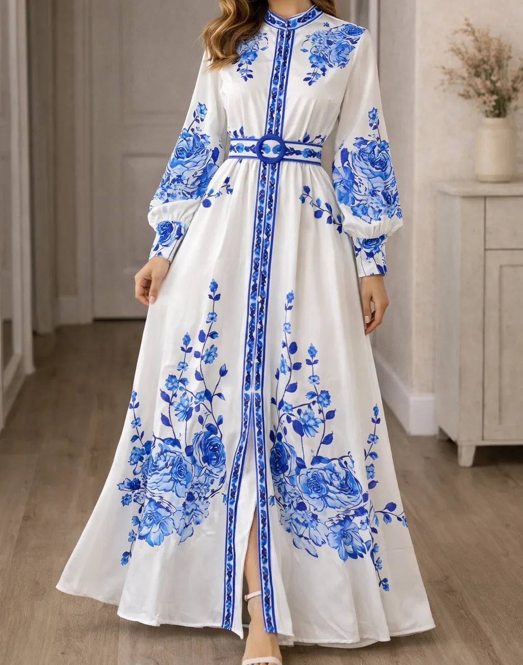 Women's Floral Bishop Sleeve Maxi Dress – Belted Flowy A-Line Dress