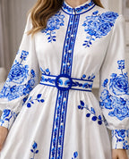 Women's Floral Bishop Sleeve Maxi Dress – Belted Flowy A-Line Dress