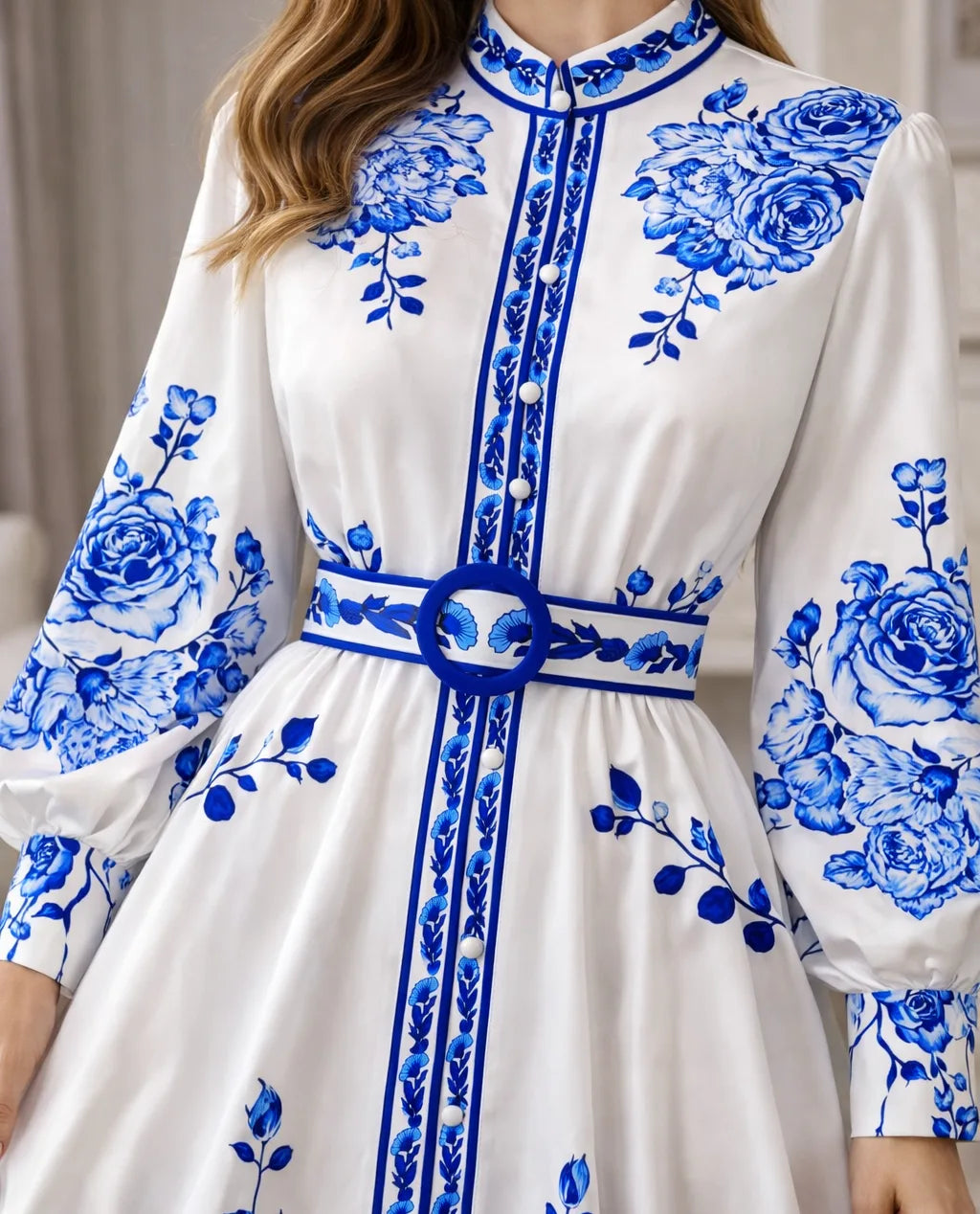 Women's Floral Bishop Sleeve Maxi Dress – Belted Flowy A-Line Dress