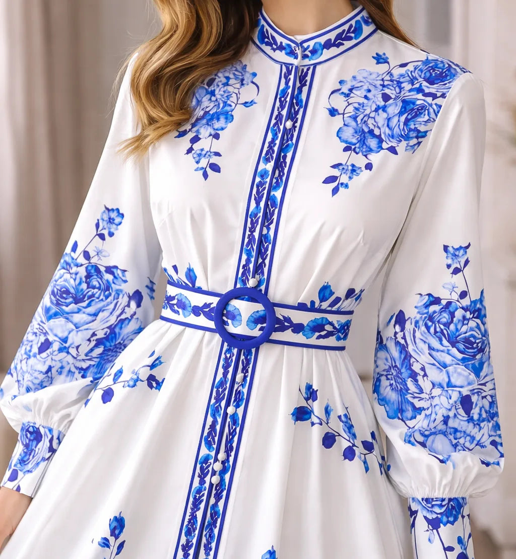 Women's Floral Bishop Sleeve Maxi Dress – Belted Flowy A-Line Dress