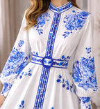 Women's Floral Bishop Sleeve Maxi Dress – Belted Flowy A-Line Dress