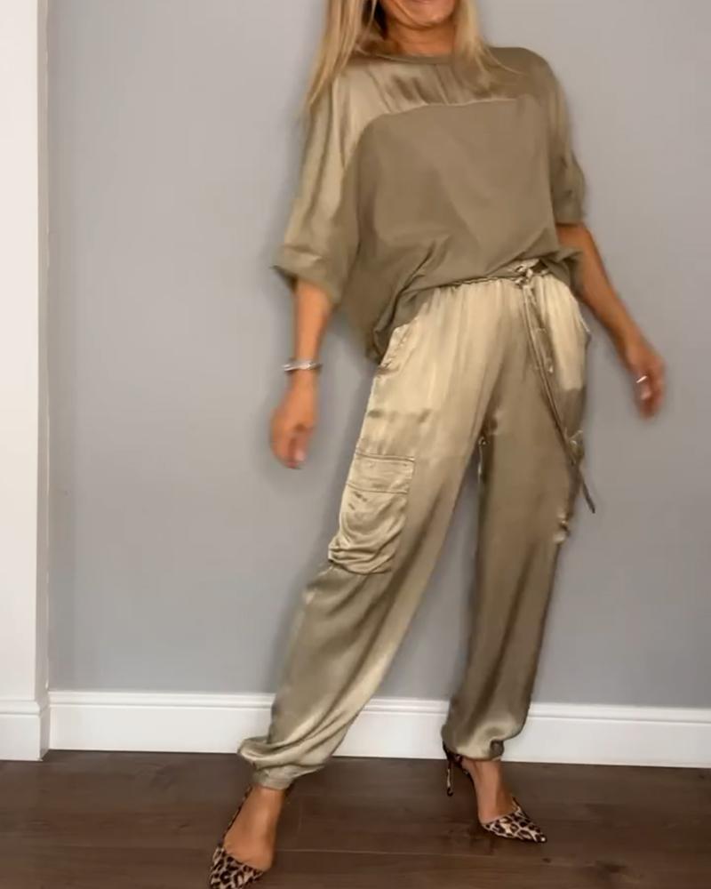 Women's Shiny High Waist Cargo Set – Relaxed Top and Pocket Pants Set