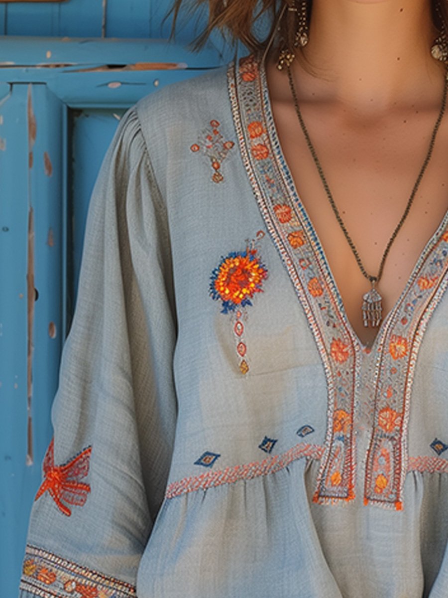 Women's Printed Autumn Boho Blouse – Relaxed Patterned Blouse