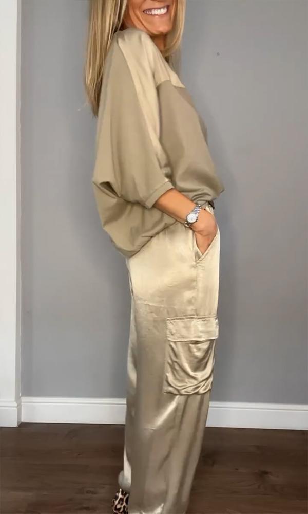 Women's Shiny High Waist Cargo Set – Relaxed Top and Pocket Pants Set