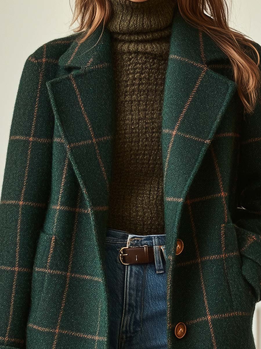 Women's Plaid Button Coat – Classic Check Pattern Side Pocket Coat