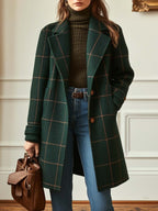 Women's Plaid Button Coat – Classic Check Pattern Side Pocket Coat