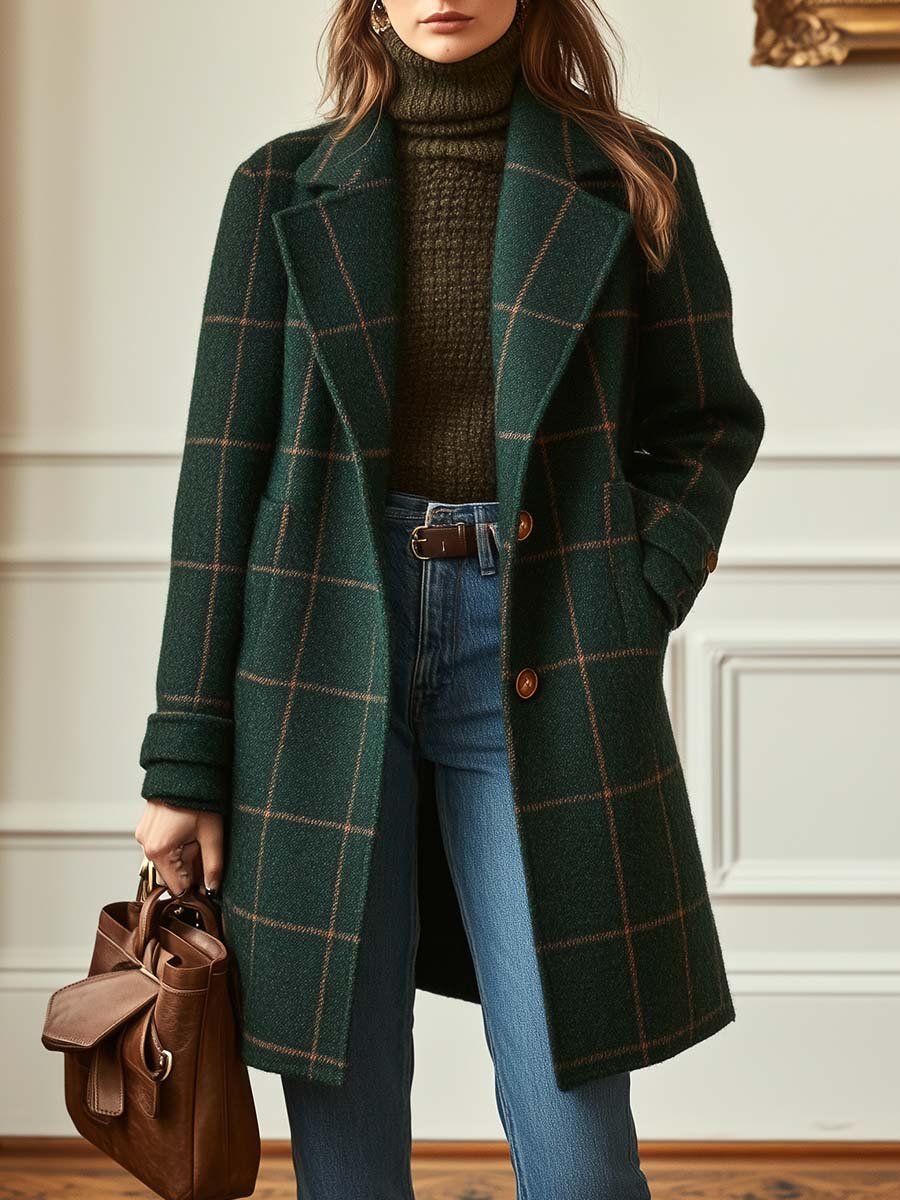 Women's Plaid Button Coat – Classic Check Pattern Side Pocket Coat