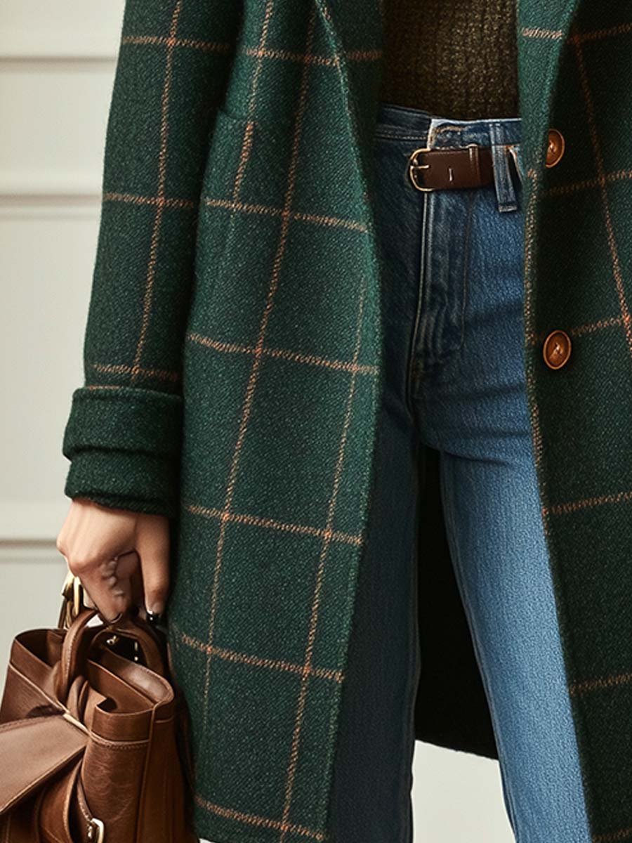 Women's Plaid Button Coat – Classic Check Pattern Side Pocket Coat