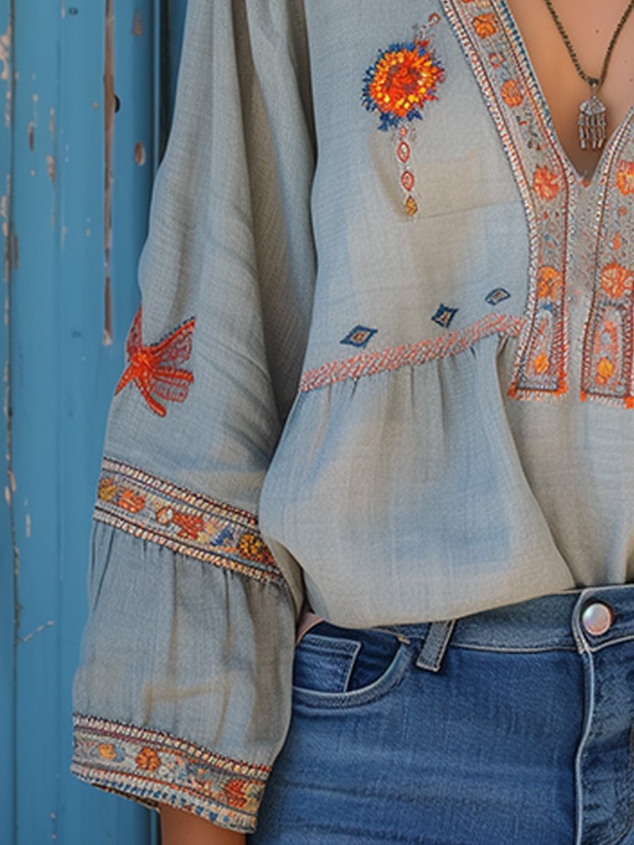 Women's Printed Autumn Boho Blouse – Relaxed Patterned Blouse