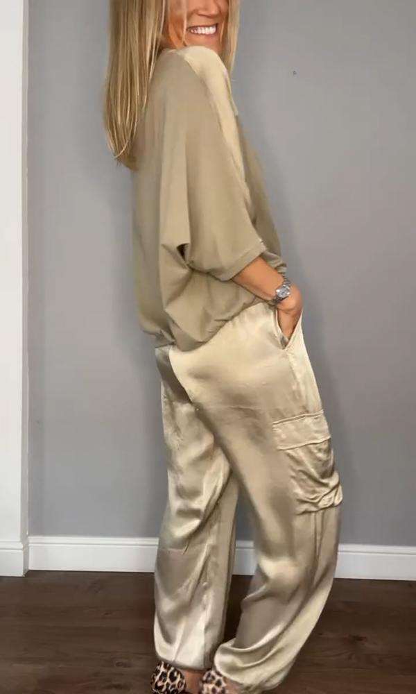 Women's Shiny High Waist Cargo Set – Relaxed Top and Pocket Pants Set