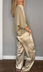 Women's Shiny High Waist Cargo Set – Relaxed Top and Pocket Pants Set