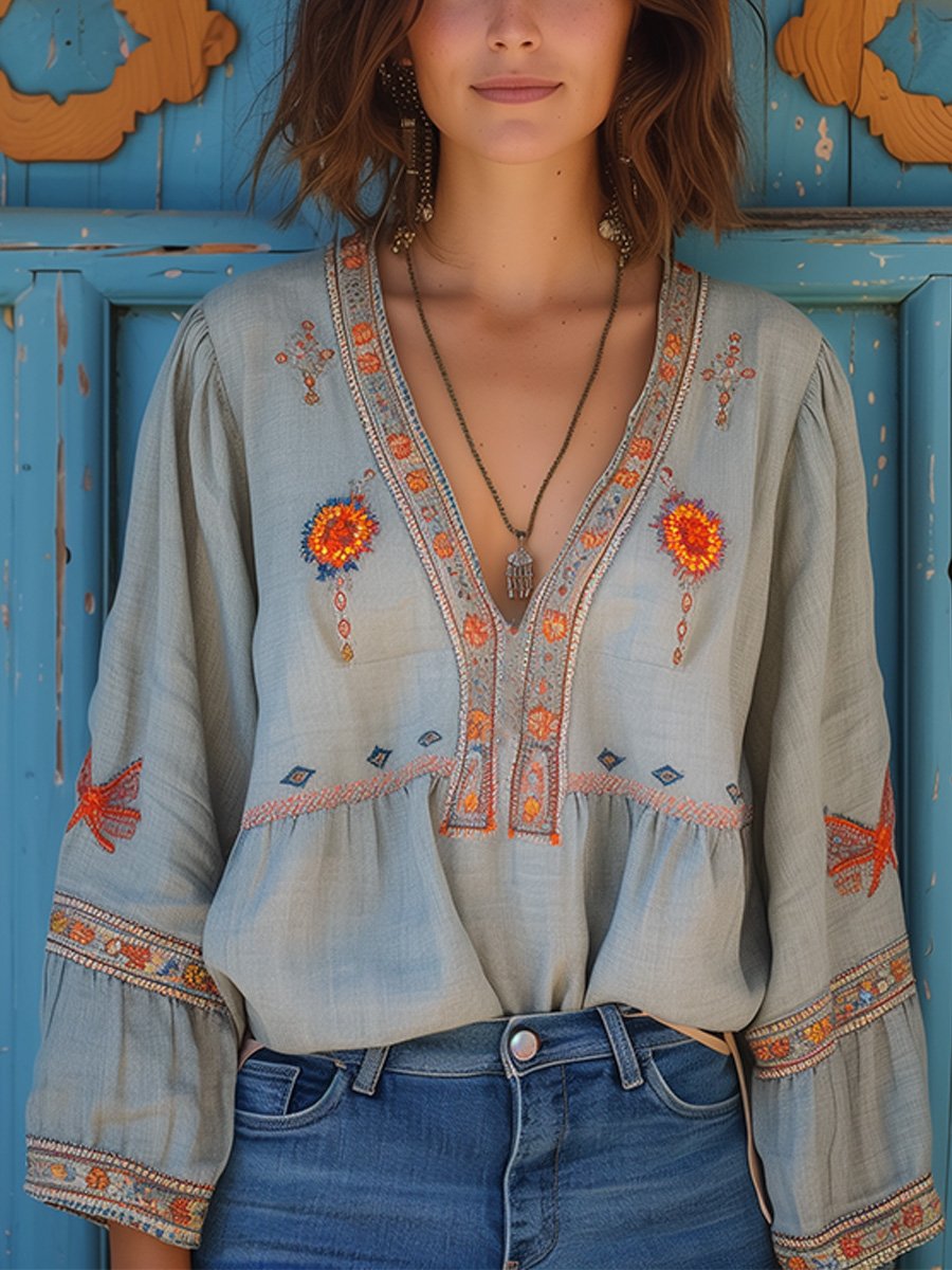 Women's Printed Autumn Boho Blouse – Relaxed Patterned Blouse