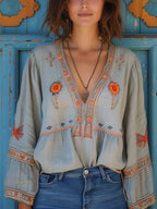 Women's Printed Autumn Boho Blouse – Relaxed Patterned Blouse