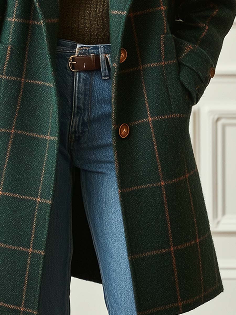 Women's Plaid Button Coat – Classic Check Pattern Side Pocket Coat