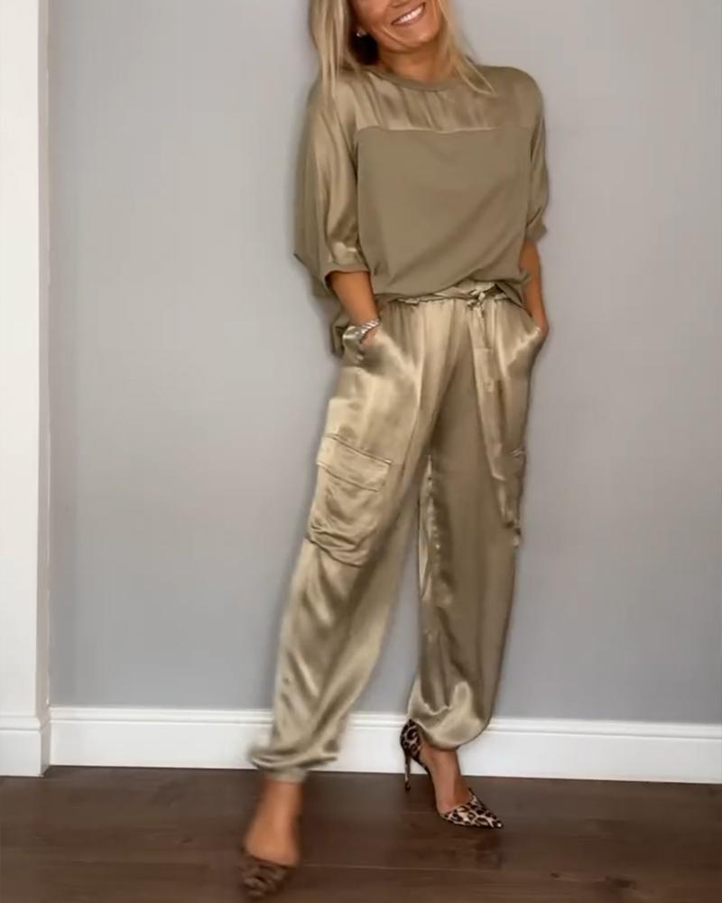 Women's Shiny High Waist Cargo Set – Relaxed Top and Pocket Pants Set