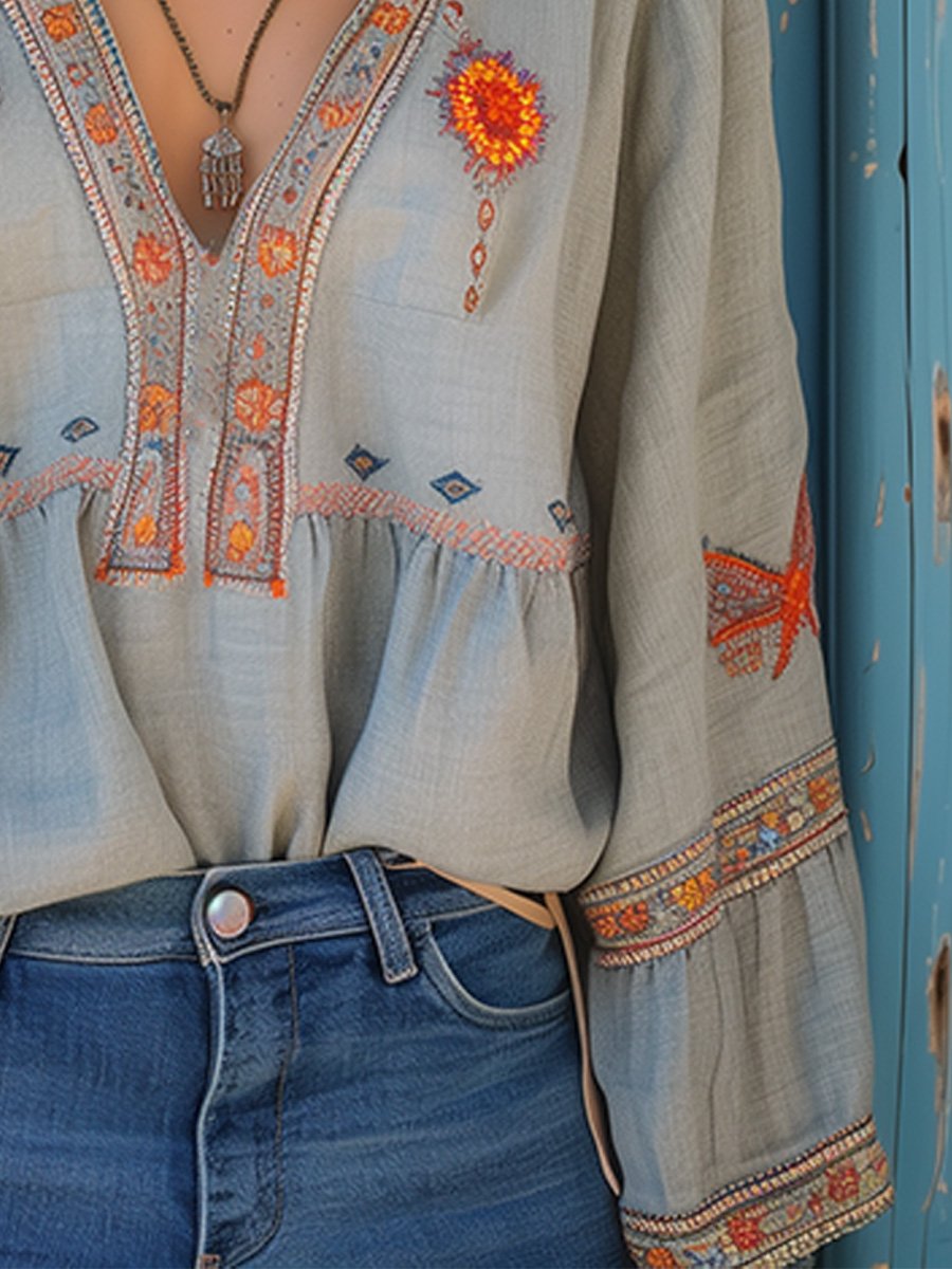 Women's Printed Autumn Boho Blouse – Relaxed Patterned Blouse