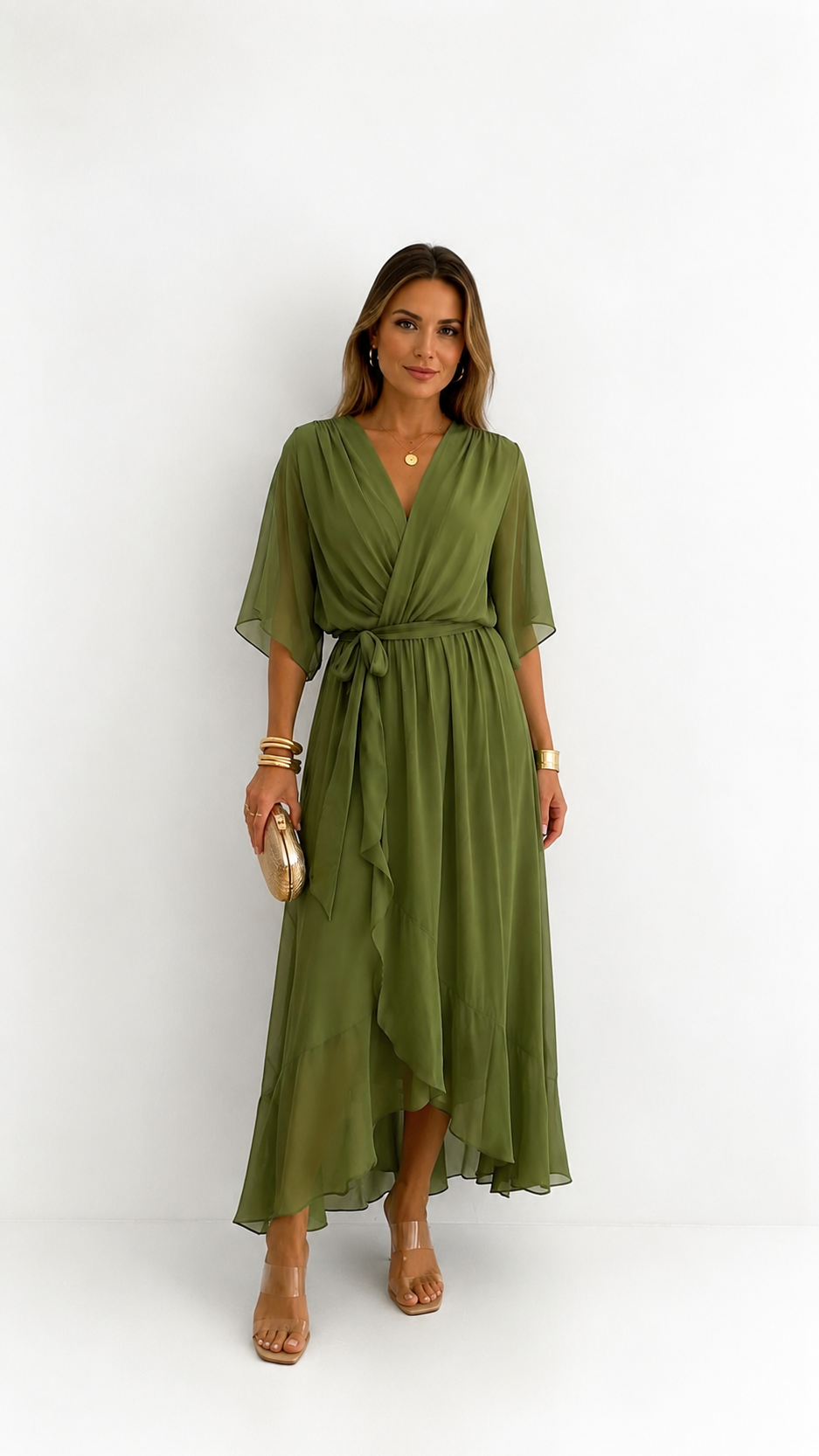 Women's Belted Wrap Dress – V-Neck Defined Waist Occasion Dress